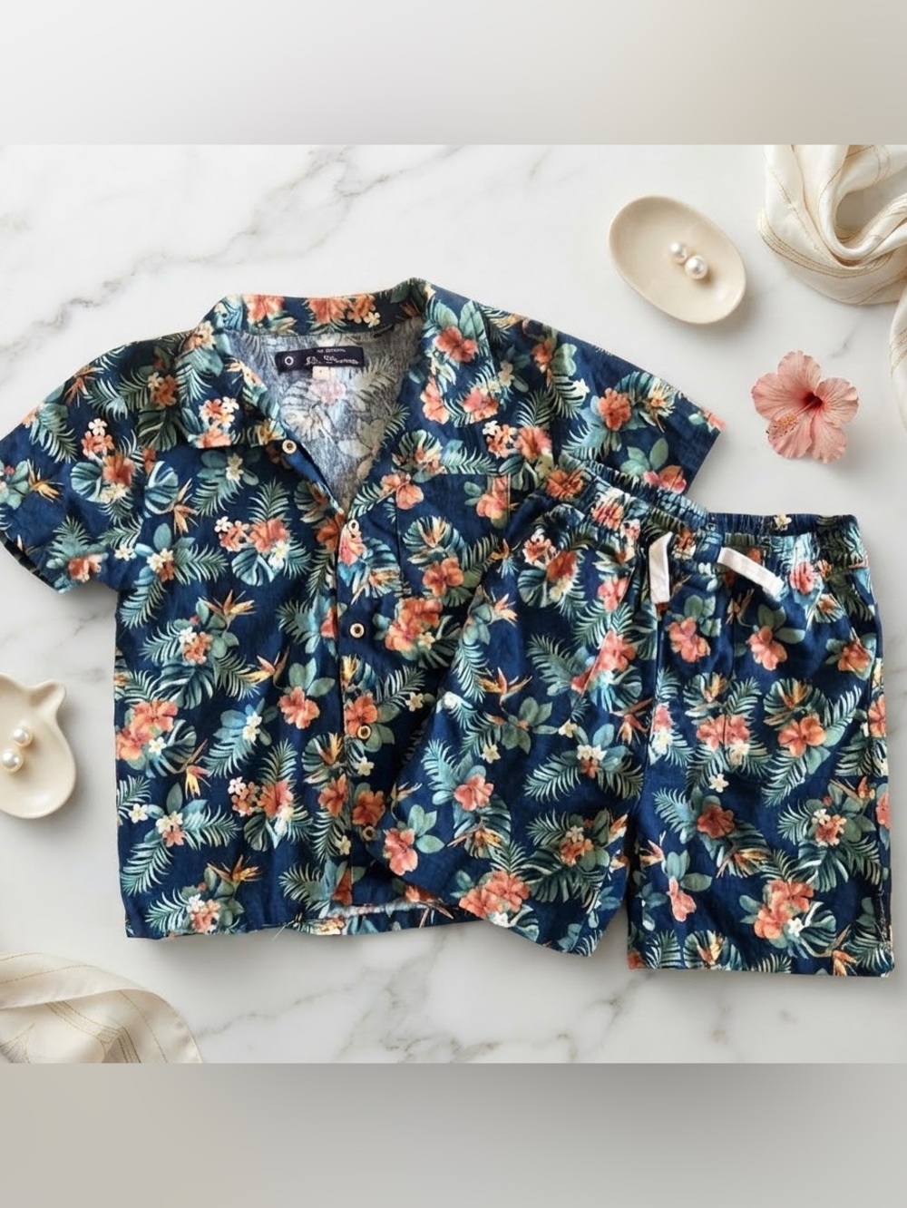 Ben Sherman Kids Tropical Hawaiian Floral Linen Blend Short Set Size 7 boys